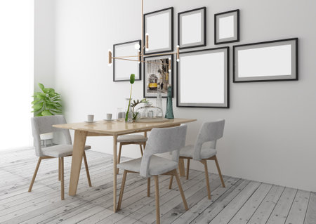 Interior of modern dining room with white walls, wooden floor, long wooden table with gray chairs...