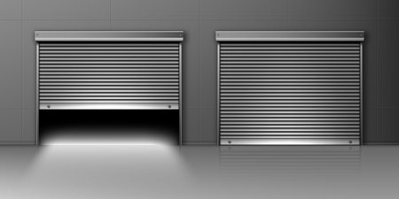 Garage doors, hangar entrances with roller shutters. Warehouse exterior with close and open boxes, Realistic 3d vector storage for car parking or rent, rooms for repair service with metal doorwaysの写真素材