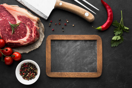 Top view of raw beef steak with ingredients for cooking on black backgroundの写真素材
