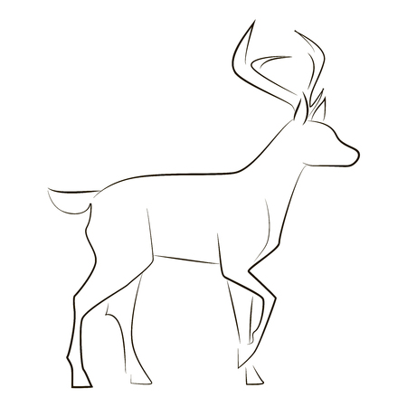 Standing black line deer on white background. Hand drawing vector graphic animal.のイラスト素材