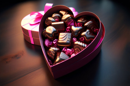 Valentines day. Heart shaped box of chocolates. Generative AI.の素材