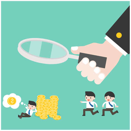 Hand hold magnify glass with group of cute businessman Free Vectorのイラスト素材