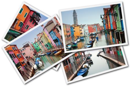 Burano Island, Venice, Italy - December 30, 2009 - A collage made with some pictures of Burano Island during the days of high waterのeditorial素材