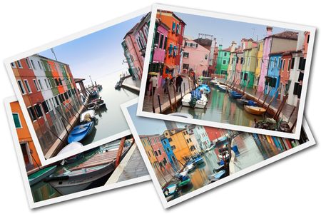 Burano Island, Venice, Italy - December 30, 2009 - A collage made with some pictures of Burano Island during the days of high waterのeditorial素材