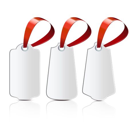 Three labels with red ribbons on a white background with reflectionのイラスト素材