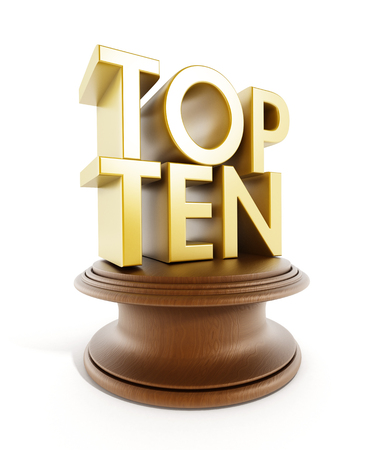 Top ten text and wooden base isolated on white backgroundの写真素材