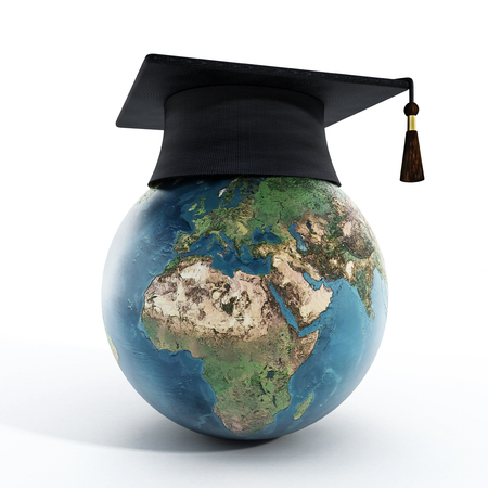 Global education concept with globe and mortarboard の写真素材