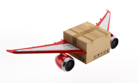Air mail concept with cardboard having wings and jet engines.の写真素材
