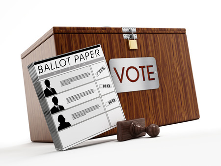 Ballot box, stamp and ballot paper on white background.の写真素材