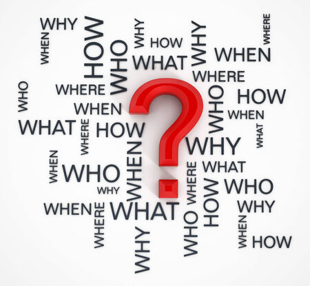 Question mark and question words on white surface.の写真素材