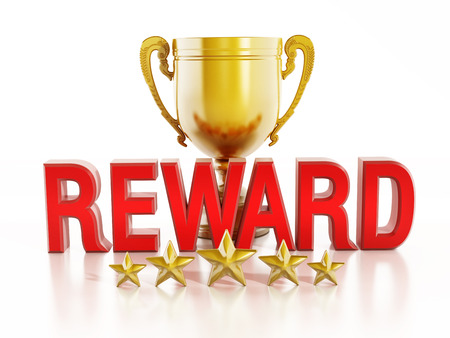 Reward text, gold cup and five starsの写真素材