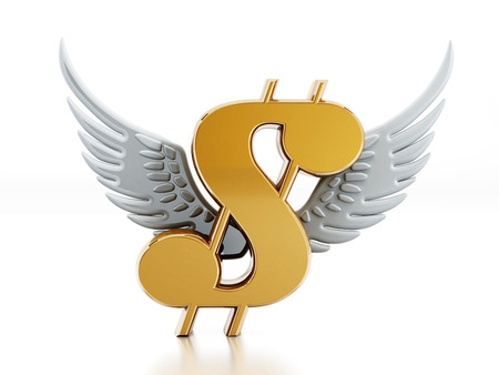 Dollar sign with wings isolated on white backgroundの写真素材