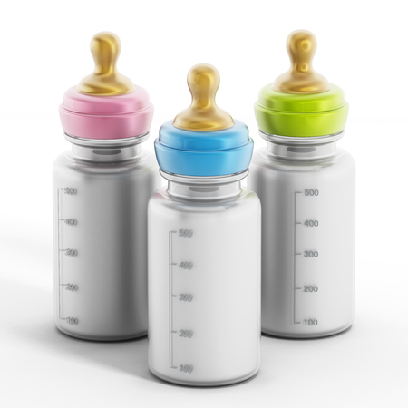 Baby bottles with milk isolated on white background.の写真素材