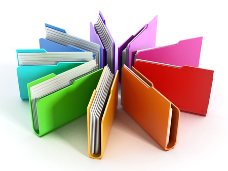 Multi-colored folders arranged in circular shape isolated on white backgroundの写真素材