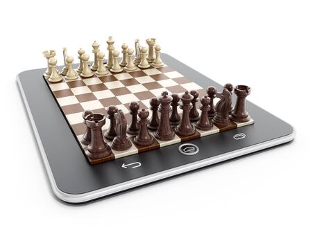 Chess pieces on tablet computer isolated on white backgroundの写真素材