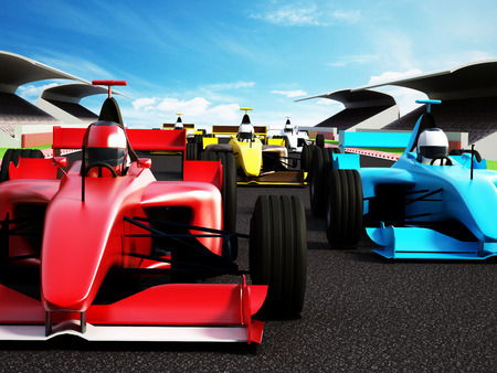 Car race showing red race car at the frontの写真素材