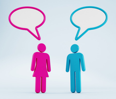 Man and woman with speech balloons talking to each otherの写真素材