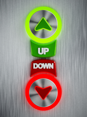 Up and down buttons on scratched metalの写真素材