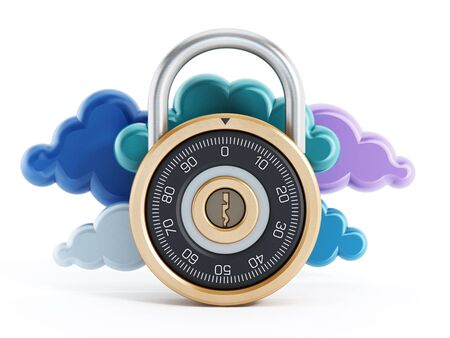 Safe combination lock and clouds isolated on white backgroundの写真素材