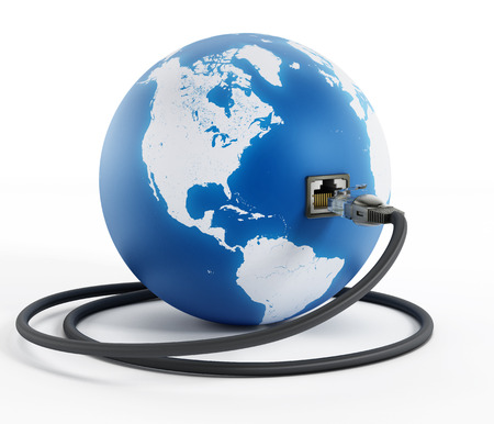 Network cable connected to the blue globe with a socketの写真素材