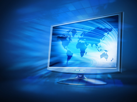 Computer monitor with blue earth background on the screen standing on blue backgroundの写真素材