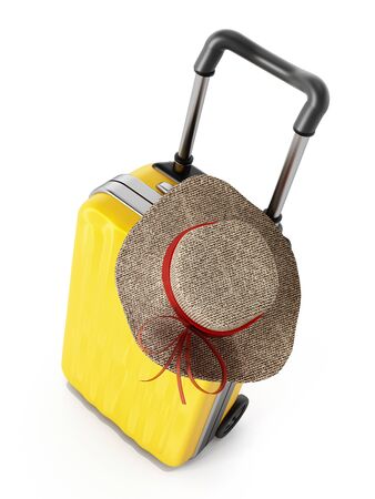 Hat standing on red isolated suitcaseの写真素材