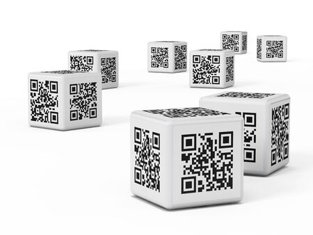 QR code cube isolated on white backgroundの写真素材