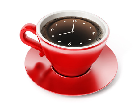 Clock pointing 8 o'clock on red coffe cup.