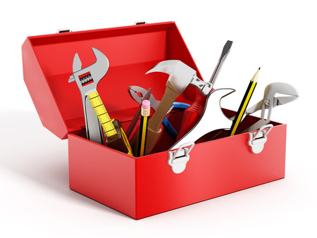 Red toolbox full of hand tools isolated on white backgroundの写真素材