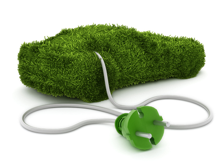 Green car covered with grass texture connected to the electric plug.の写真素材
