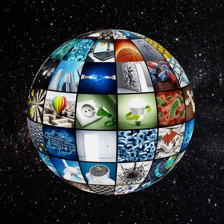 Globe covered with TV screens. Images are from my own portfolioの写真素材
