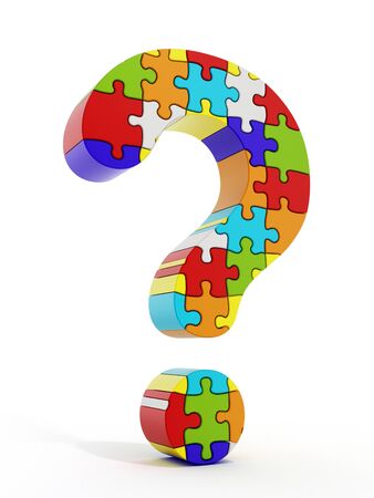 Jigsaw puzzle pieces forming a question mark isolated on white backgroundの写真素材