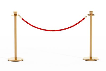 Velvet rope and golden barriers isolated on white backgroundの写真素材