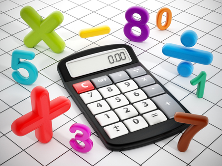 Calculator and mathematical symbols isolated on white background. 3D illustration