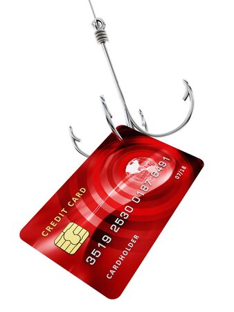 Credit card at the end of fishing hook. 3D illustration.の写真素材