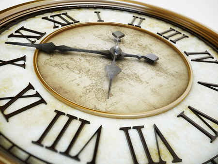 Gold antique clock tower background with minute and hour hands. 3D illustration.