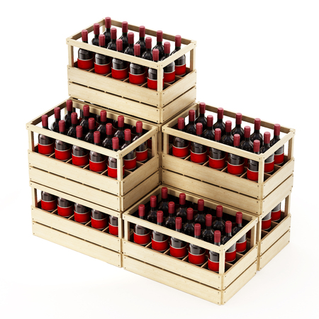 Wooden crate of red wine isolated on white background. 3D illustration.の写真素材