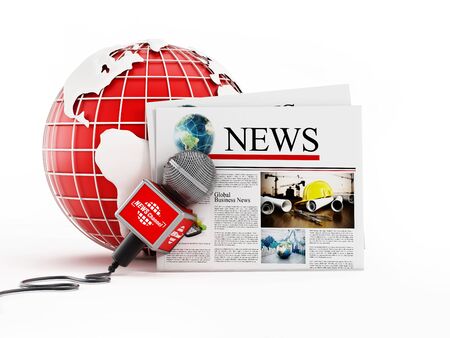 Newspaper, microphone and globe isolated on white background. 3D illustration.の写真素材