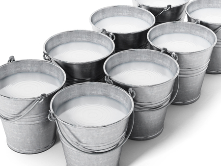 Metal bucket with milk isolated on white background. 3D illustration.の写真素材