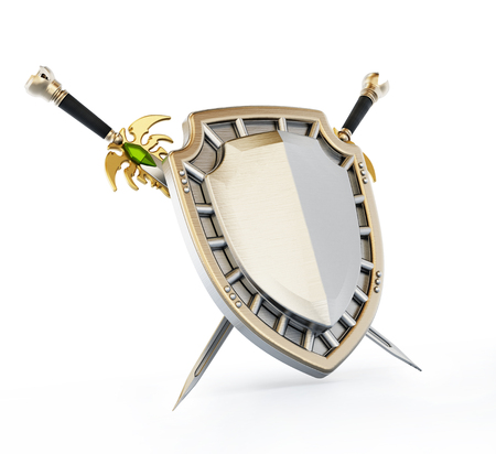 Shield and crossed swords isolated on white background. 3D illustration.の写真素材