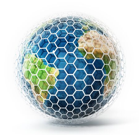 Earth covered with hexagonal tiles. 3D illustrationの写真素材