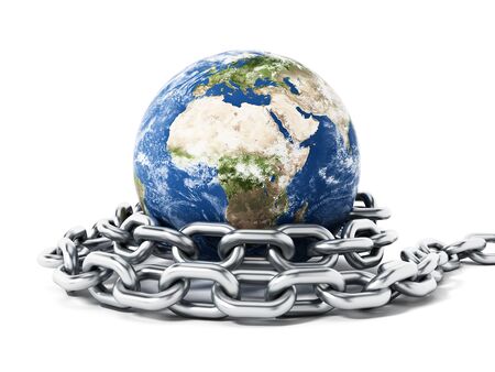 Earth tied with steel chain. 3D illustration.の写真素材