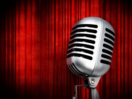 Vintage microphone on red curtains. 3D illustration.の写真素材