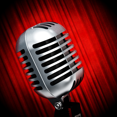 Vintage microphone on red curtains. 3D illustration.の写真素材
