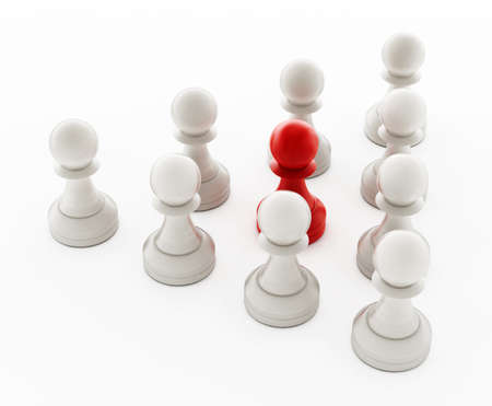 Red chess pawn standing ahead of white pawns. 3D illustration.の写真素材
