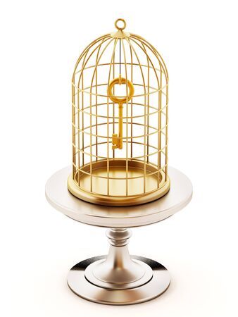 Golden key inside the closed birdcage. 3D illustration.の写真素材