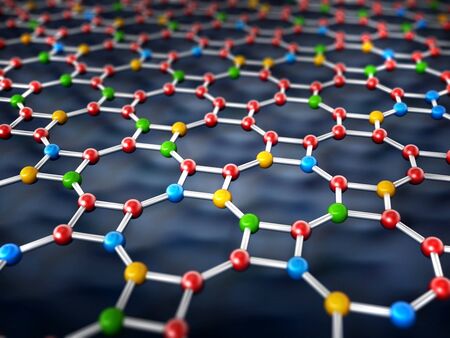 Shiny spheres on hexagon network background. 3D illustration.