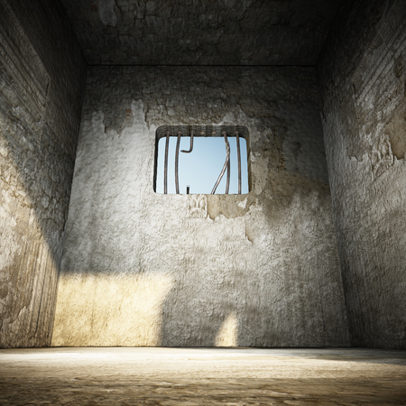 Prison cell with broken prison bars on the window. 3D illustration.の写真素材