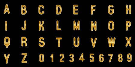 Gold capital letters and numbers on black background. 3D illustrationの写真素材