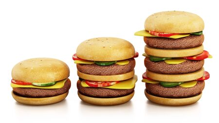 Standard, double and triple sized hamburgers in a row. 3D illustration.の写真素材